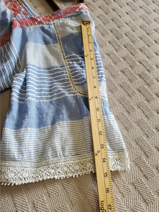 Democracy Blue Striped Boho Peasant Top with Red Embroidery and Lace Trim - Picture 6 of 14